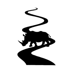 Minimalist Black and White Vector Illustration of a Rhinoceros Silhouette Walking on a Winding Path – Simple and Clean Design