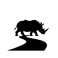 Minimalist Black and White Rhinoceros Silhouette – Simple Animal Illustration Set Against a Nature Landscape with a Dirt Road Path
