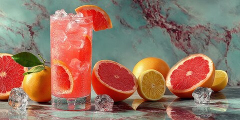 Refreshing citrus beverage garnished with grapefruit and ice on a colorful backdrop