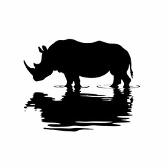 Photographic Black and White Rhino Silhouette with Reflection in Water – Detailed Wildlife Illustration Featuring Dramatic Lighting