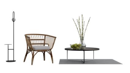 a table with a vase of flowers and a chair