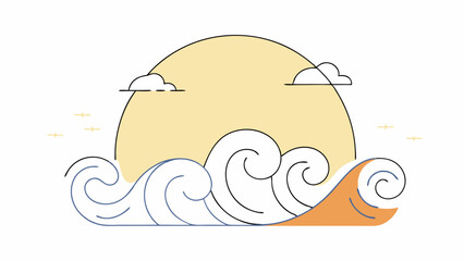 Sunset Over Ocean Waves - Minimalist Line Art Illustration