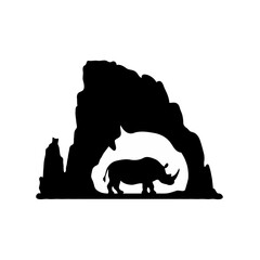 Surreal Digital Art of a Dramatic Rhino Silhouette Against a Rocky Arch Formation – Moody Atmospheric Lighting and Cinematic Composition in Photorealistic 4K