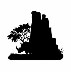 Dark Monochrome Detailed Silhouette Landscape Featuring a Rocky Cliff and Dramatic Tree in the Foreground – Moody, Cinematic Composition with Intricate Textures and a Serene, Tranquil Atmosphere