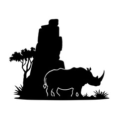 Monochrome High-Contrast Wildlife Illustration of a Rhinoceros in the African Savanna – Silhouetted Acacia Tree and Detailed Landscape in the Background