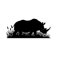“Minimalist Black and White Rhino Silhouette – Dark Shape in Grass, Simple Graphic Wildlife Illustration in a Natural Landscape