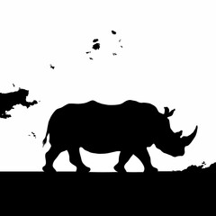 Dramatic Black and White Illustration of a Rhinoceros Silhouette Walking Through a Detailed Natural Landscape – Moody Atmosphere with Cinematic Lighting and Intricate Environmental Details”