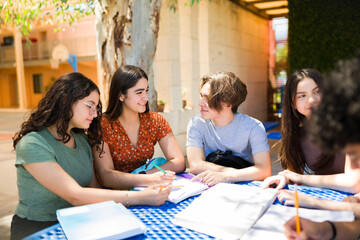Group of high school students working together in a school project