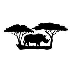 Hyper-Realistic Black and White Illustration of a Rhino Silhouette in the African Savanna – Intricately Detailed Landscape with Cinematic Lighting, Dramatic Shading, and Photographic Precision