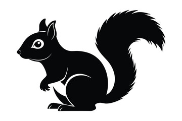 A black squirrel with a bushy tail is standing and looking to the left side
