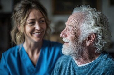 Smiling Senior Man and Caregiver Share a Happy Moment Together in Home Care Setting.