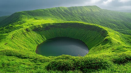 Lush green caldera with a tranquil lake