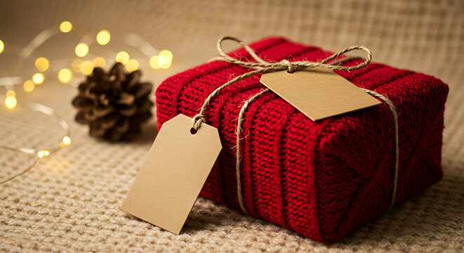 Cozy Christmas Present Wrapped in Red Knit with Tags and Festive Lights