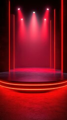 Red-lit stage with glowing outlines and foggy atmosphere at evening performance venue