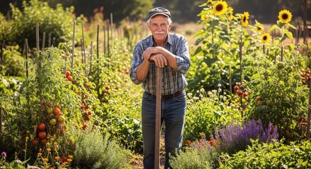 Senior man gardening portrait: happy farmer with sunflowers and tomatoes in organic vegetable garden