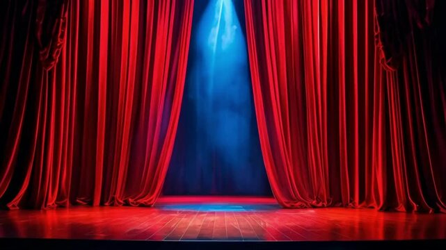 illuminated theater stage with red velvet curtains magic spotlight performance concept.