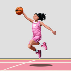Dynamic illustration of a young female basketball player in a pink uniform leaping high to shoot the ball during a game against a light grey background