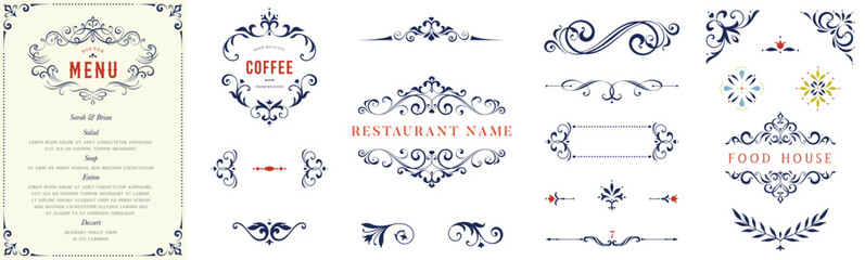 Ornate elements, frames, labels, scroll, floral motifs. For wedding invitations, menu, packaging, stickers, business and greeting cards, diplomas, certificates. 
