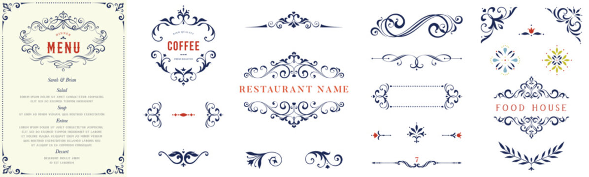 Ornate elements, frames, labels, scroll, floral motifs. For wedding invitations, menu, packaging, stickers, business and greeting cards, diplomas, certificates. 