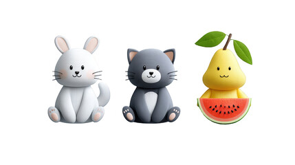 Cute cartoon animals including a rabbit, cat, and fruit character against a simple background