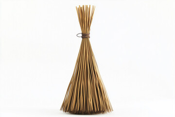 A besom and a shovel, a broom and a dustpan, a sweeping brush, and a broomstick with a yellow handle are isolated on a white background for household cleaning
