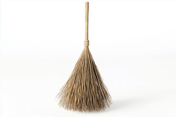 A besom and a shovel, a broom and a dustpan, a sweeping brush, and a broomstick with a yellow handle are isolated on a white background for household cleaning