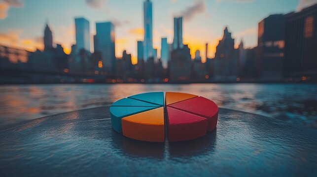 A pie chart sits on a surface in front of a cityscape at sunset