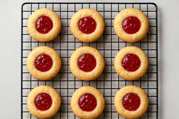 Freshly baked round thumbprint cookies with raspberry jam centers cooling on a wire rack against a light background