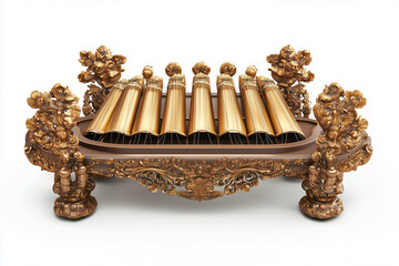 a traditional musical instrument covered in elegant antique wood with intricate gold decorations