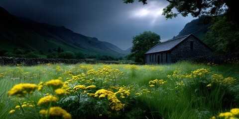 Dramatic cloudy skies above a rustic stone cottage surrounded by vibrant wildflowers in a tranquil valley