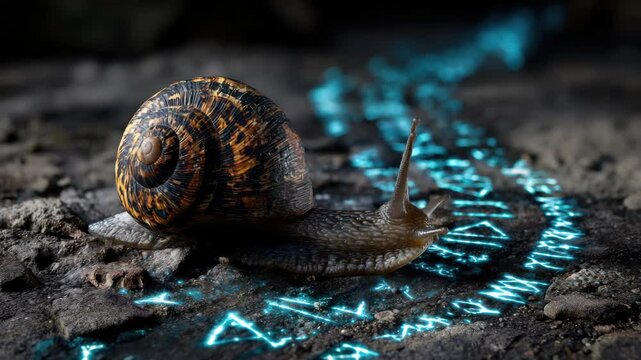 A snail with a multi-colored shell crawling along the ground, leaving behind a glowing blue trail with mysterious symbols