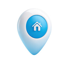 A blue and white map pin icon featuring a house symbol in the center, representing home location or real estate.