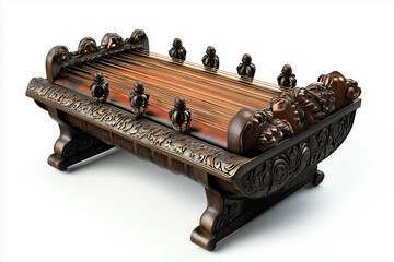 a traditional musical instrument covered in elegant antique wood with intricate gold decorations