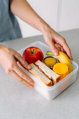 Hands Packing Lunchbox Sandwich Fruits Juice