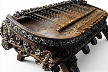 a traditional musical instrument covered in elegant antique wood with intricate gold decorations