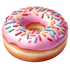 watercolor of a classic pink frosted donut. Topped with colorful sprinkles and gentle shading.