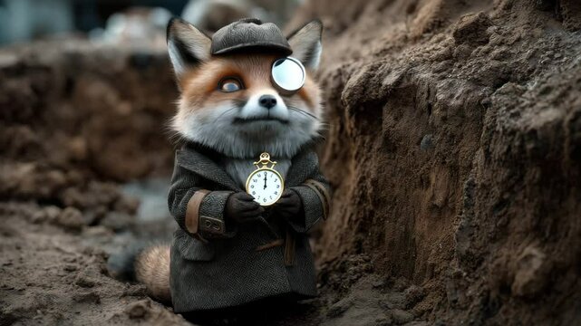 An anthropomorphic fox in the guise of a detective, dressed in a grey tweed coat, hat and gloves, with a monocle over one eye