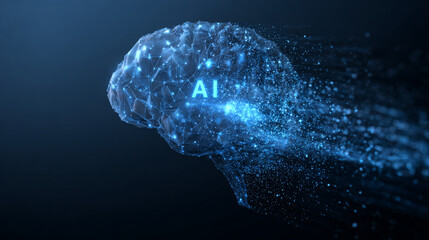 Glowing particles form a digital brain with the acronym AI, representing neural networks and cutting-edge tech on a blue backdrop