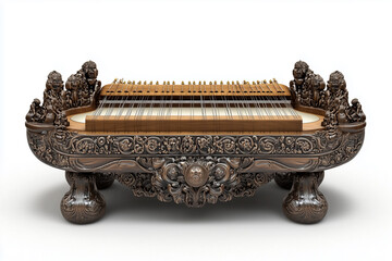 a traditional musical instrument covered in elegant antique wood with intricate gold decorations