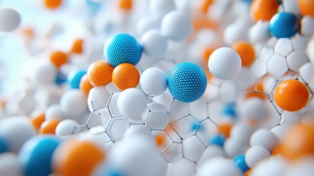 Abstract Scatter Plot with Blue Orange and White Spheres on Light Grey Hexagonal Grid Background ,