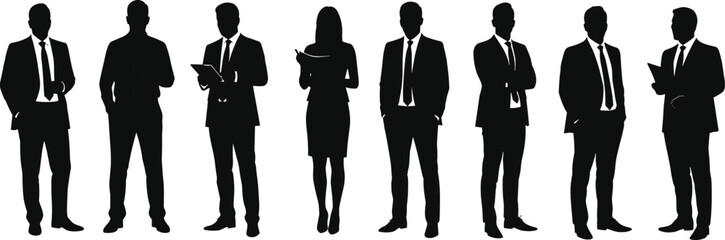 Silhouette of business professionals standing, corporate people in suits, formal office wear, team discussion pose, vector illustration set