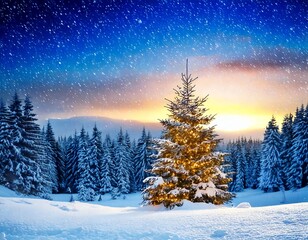 Beautiful Christmas and New Year's background with decorated Christmas tree in fluffy snowdr 