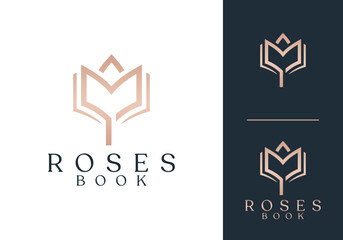abstract roses with book logo. flower luxury beauty symbol vector design concept