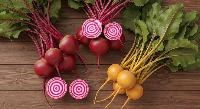 Beet Trio: A Colorful Root Vegetable Harvest on Rustic Wood - Powered by Adobe