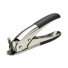 A new, pristine polished stainless steel corner punch cutter with a matte black rubberized handle, precise cutting edge, waste receptacle, 3/4 elevated view on transparent, shadowless studio light,