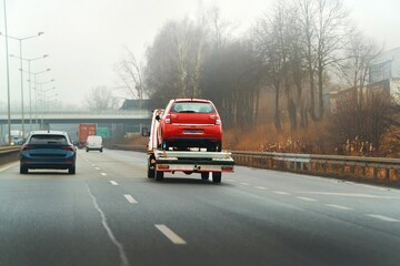 Red Car being transported on tow truck