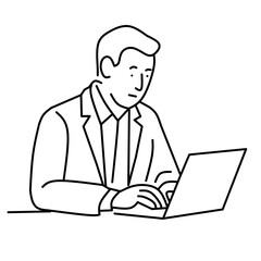 Line art of a man in a suit jacket using a laptop. Represents business work, online communication, professional tasks, or studying.

