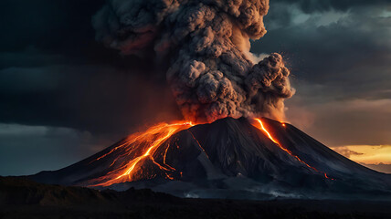 Volcanic Eruption Fiery Rivers of Lava and Erupting Ash Plume