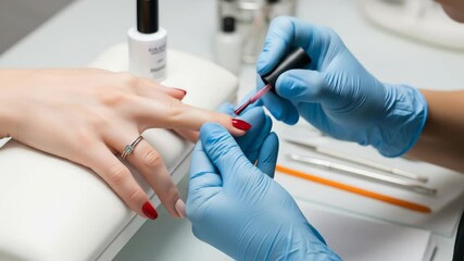 Woman getting red nail polish applied by master manicurist in salon. Professional beauty treatment at nail studio.
