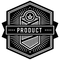 Black and white product badge with geometric design